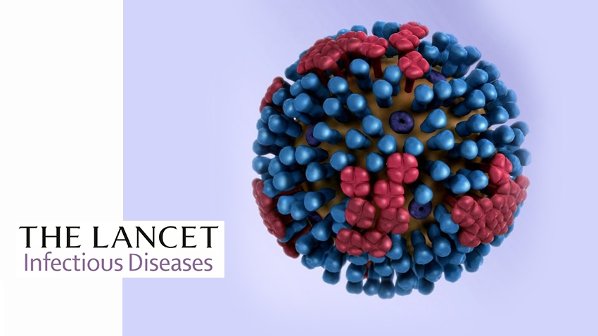 3d graphical representation of influenza virus next to The Lancet Infectious Diseases logo
